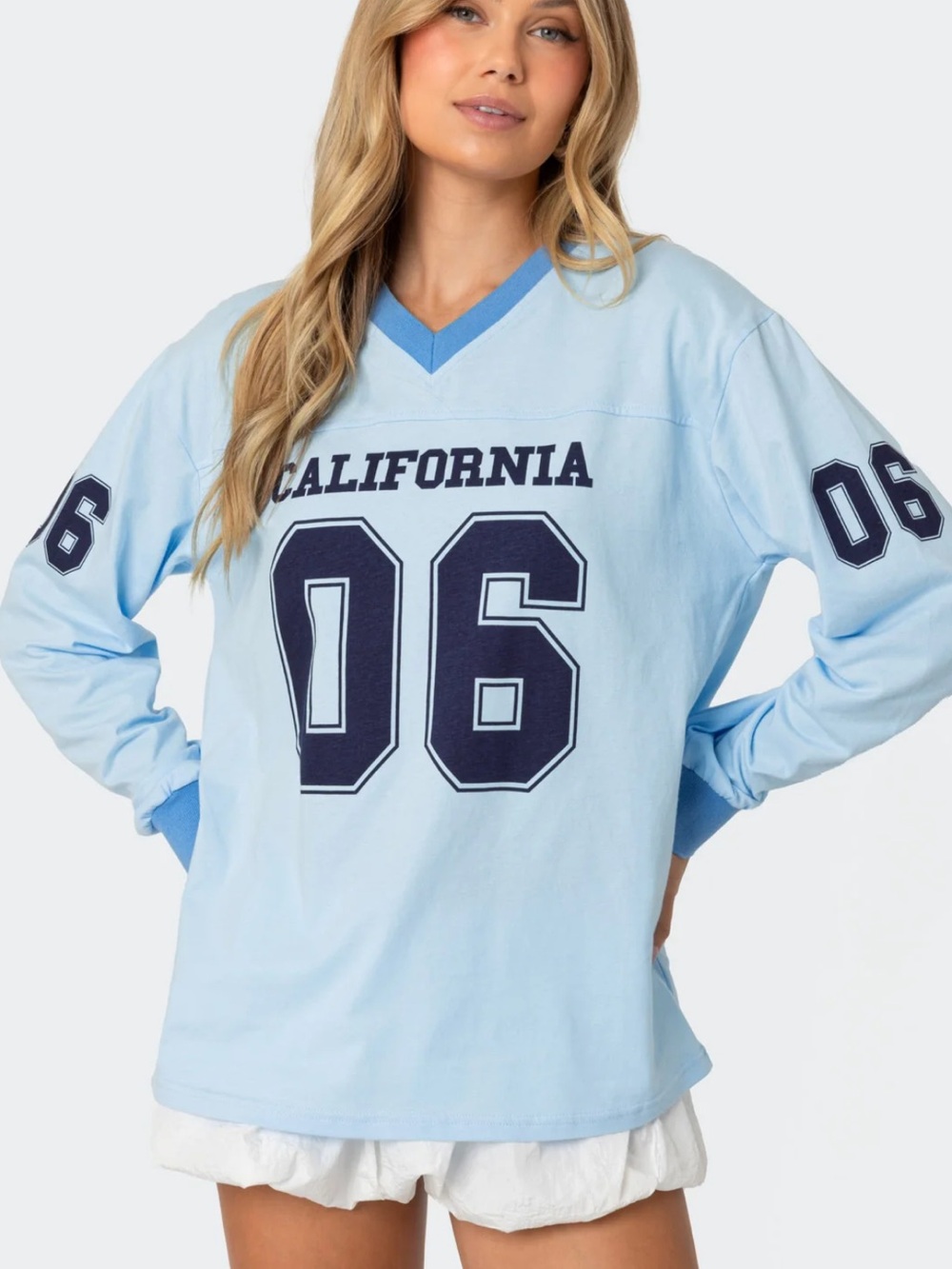 Edikted Light Blue 'California 06' Long Sleeve Tee with Navy Graphics